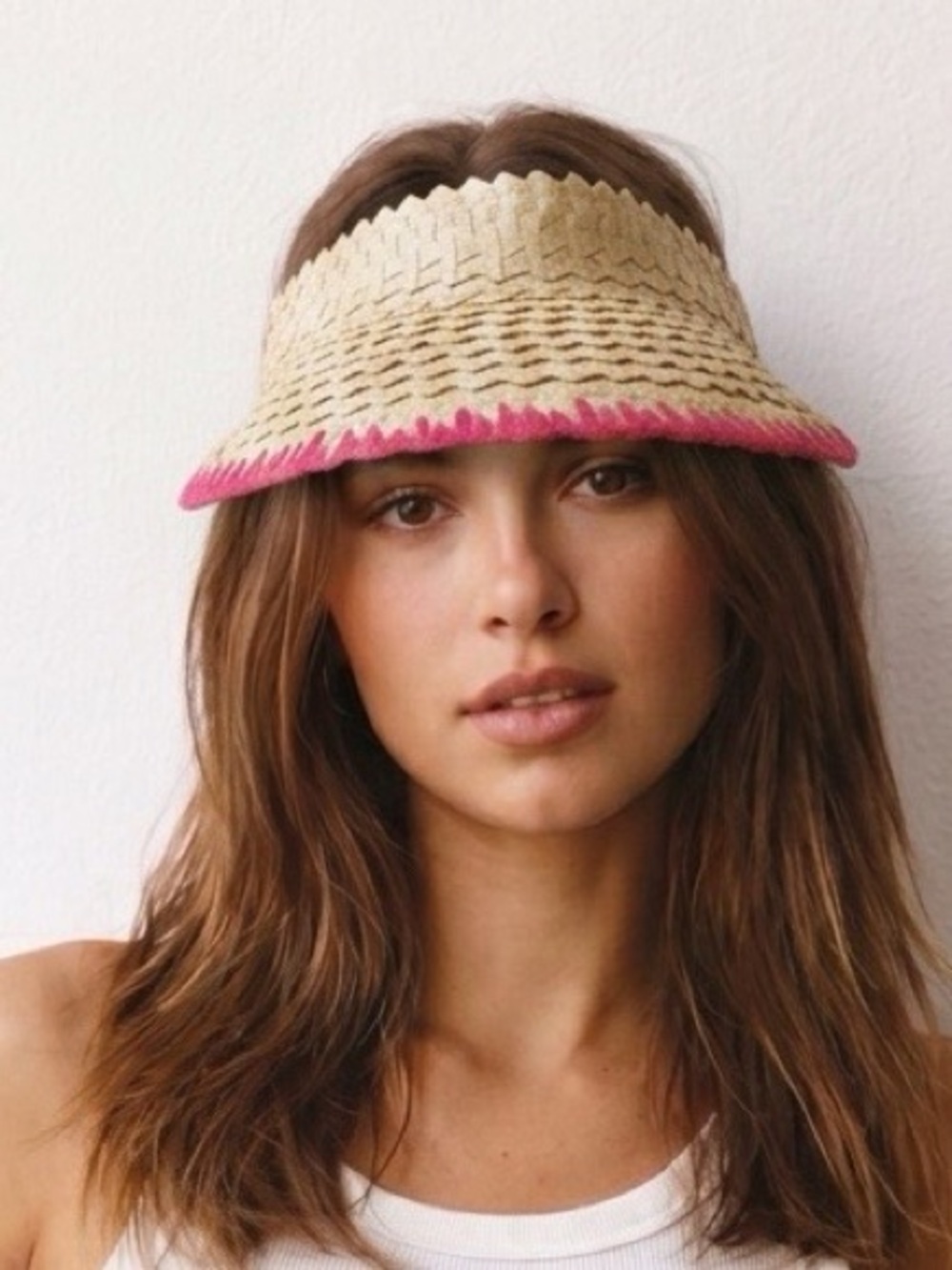New Urban Outfitters Natural Straw Visor with Pink Trim Size Os